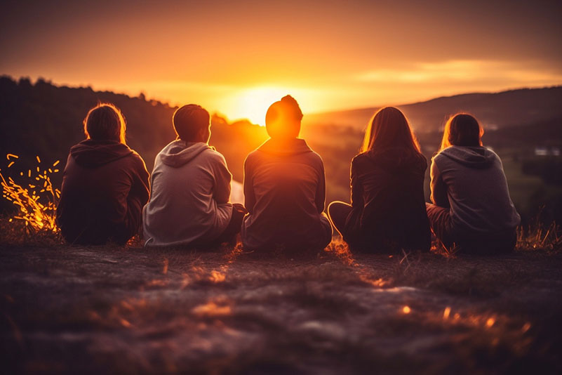 5 Jugendliche im Schneidersitz beobachten den Sonnenuntergang.