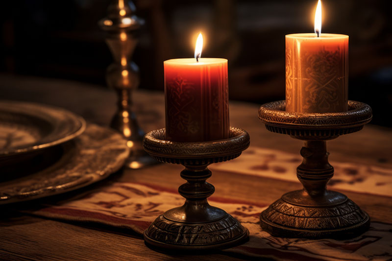 Zwei Kerzen auf einem Holztisch.