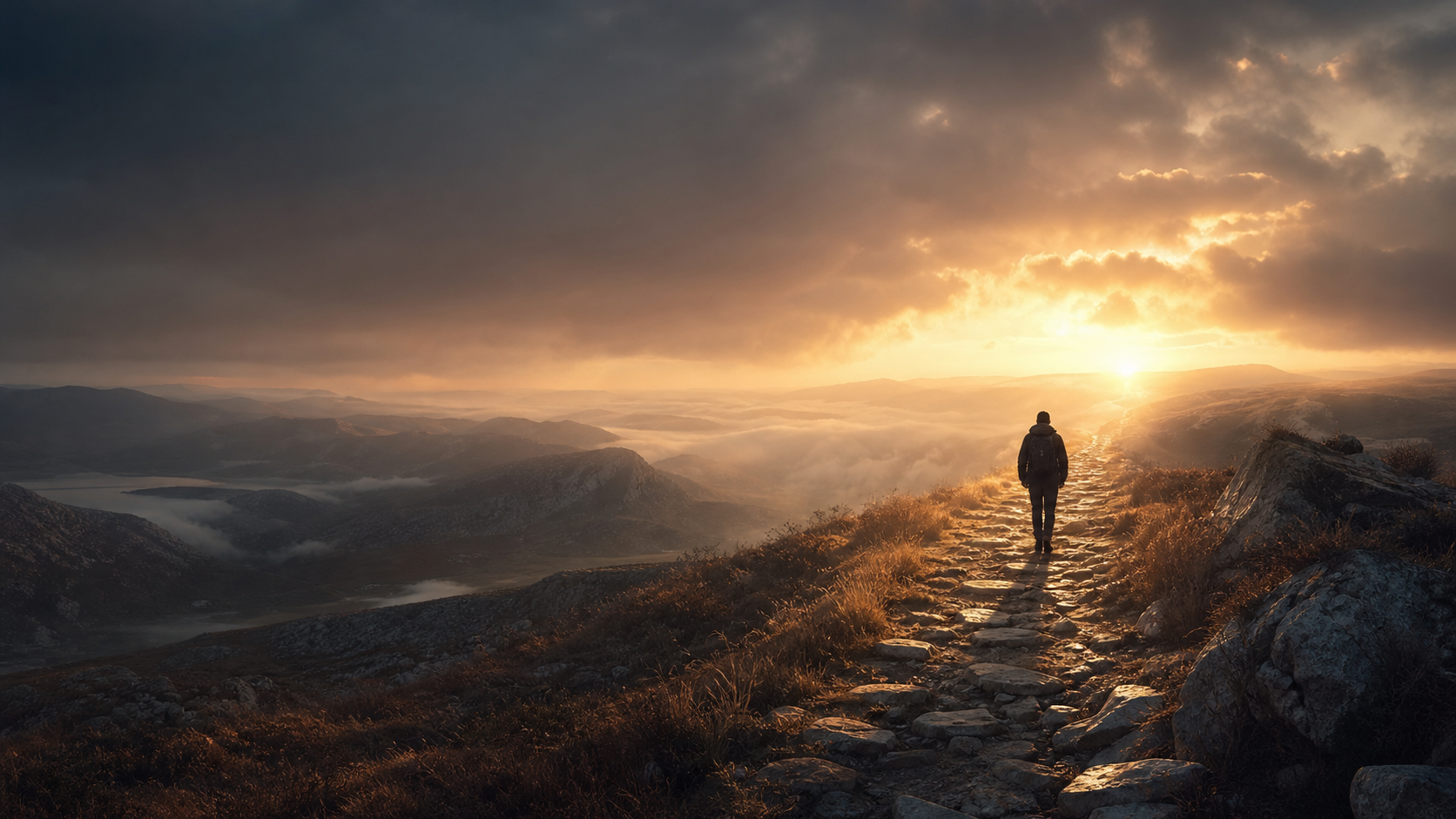 Wanderer auf einem Bergpfad im Licht
